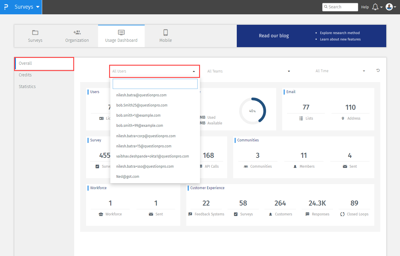 Painel De Uso | QuestionPro Base De Conhecimento