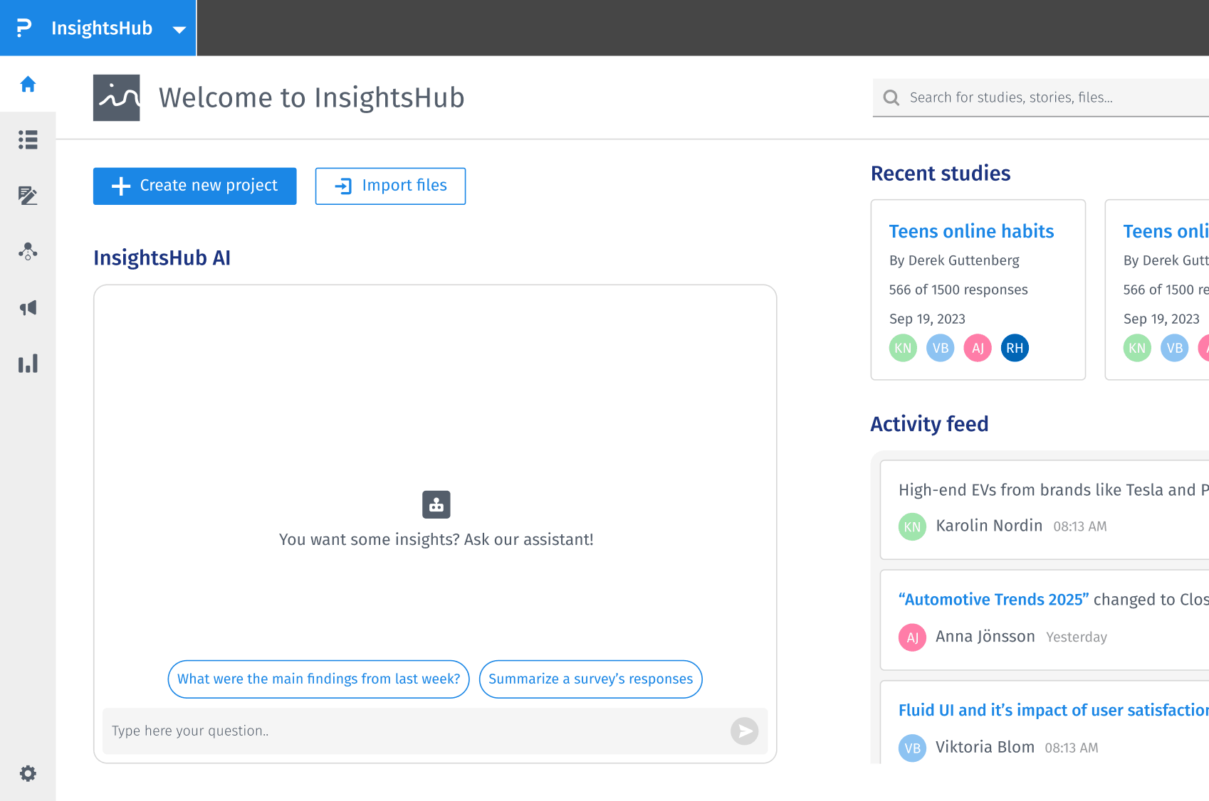 InsightsHub AI chat interface answering a research question with source references from connected surveys and documents