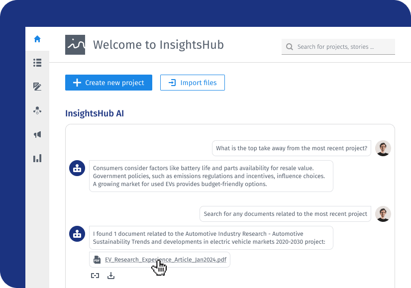 InsightsHub answer panel with linked source documents and surveys