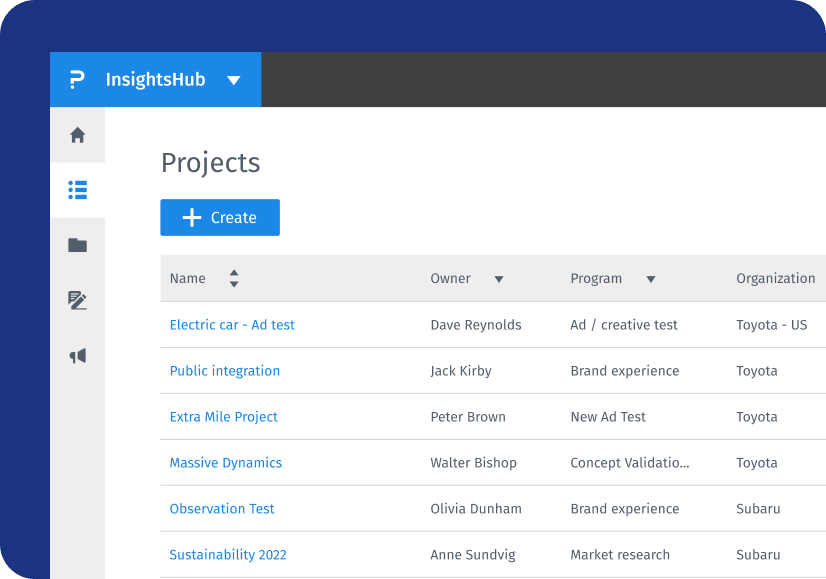 InsightsHub projects view listing connected studies with owner and program columns