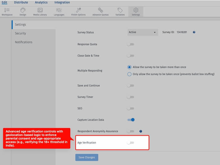 QuestionPro survey settings panel showing Age Verification toggle, Respondent Anonymity Assurance, and other survey configuration options with advanced age verification controls callout