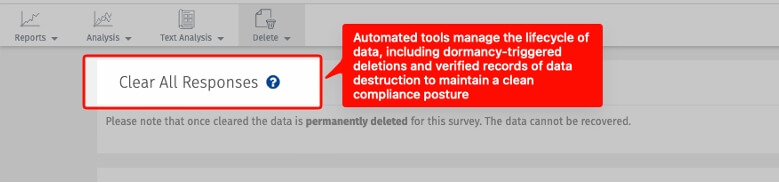 QuestionPro data deletion interface showing Clear All Responses option with automated lifecycle management tools for dormancy-triggered deletions and verified records of data destruction