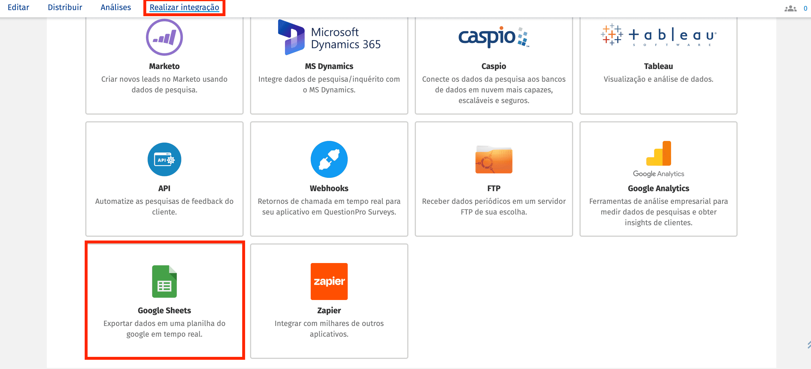 Integração do Google Sheets com pesquisas