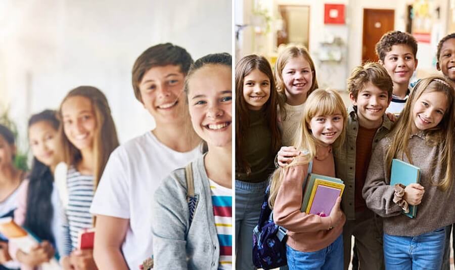 A combined hero image showing diverse K-12 students in two school scenes