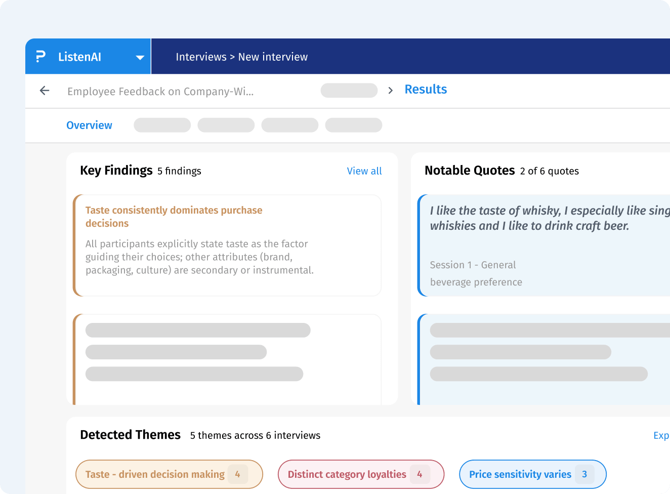 ListenAI results with themes, key findings and quotes