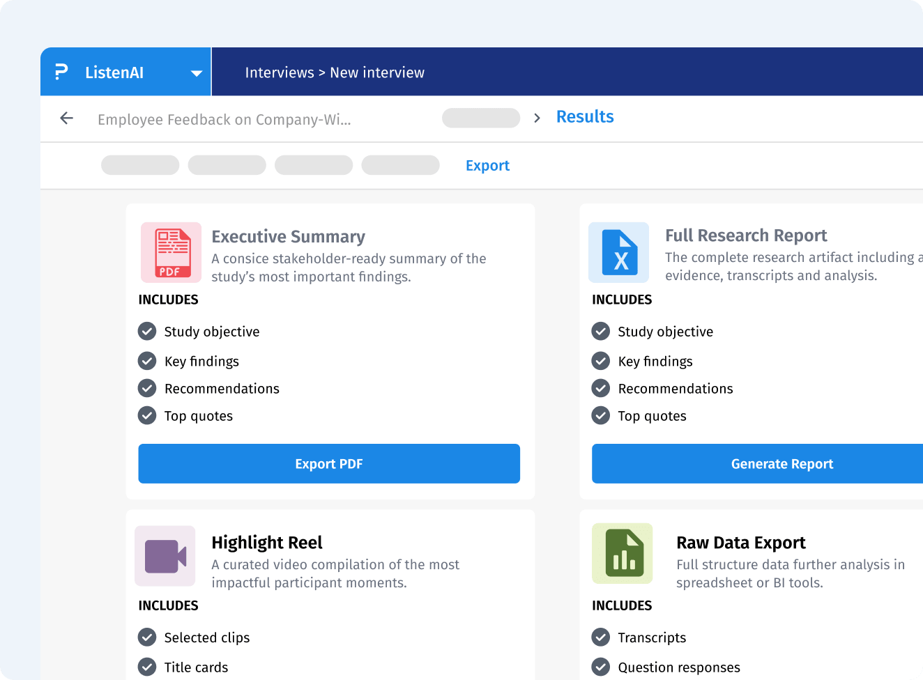 ListenAI export options for summaries, reports and highlight reels