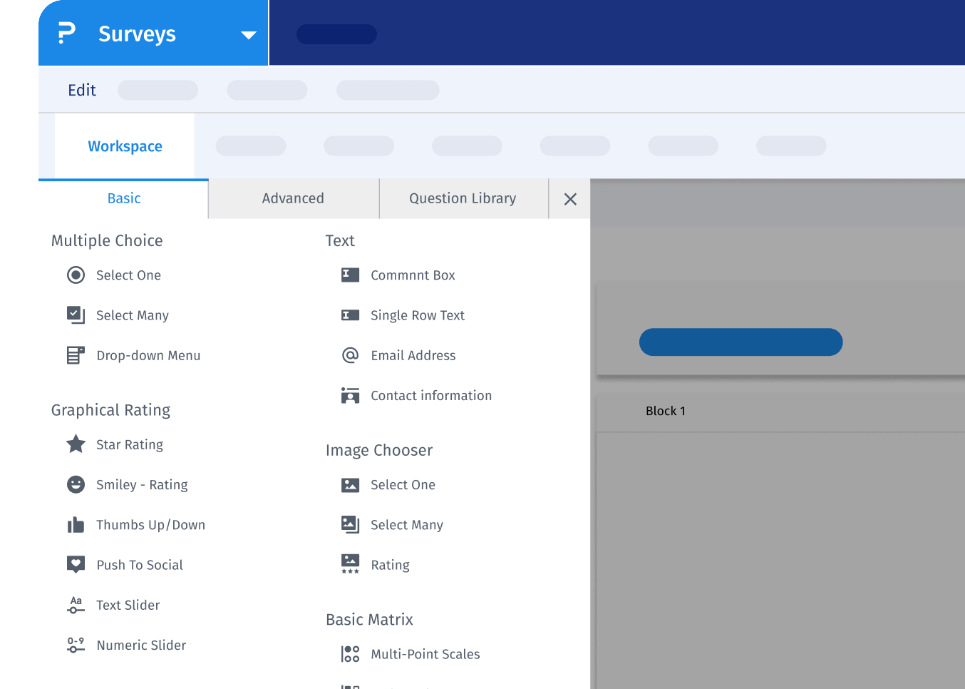 Survey builder showing question types and logic options