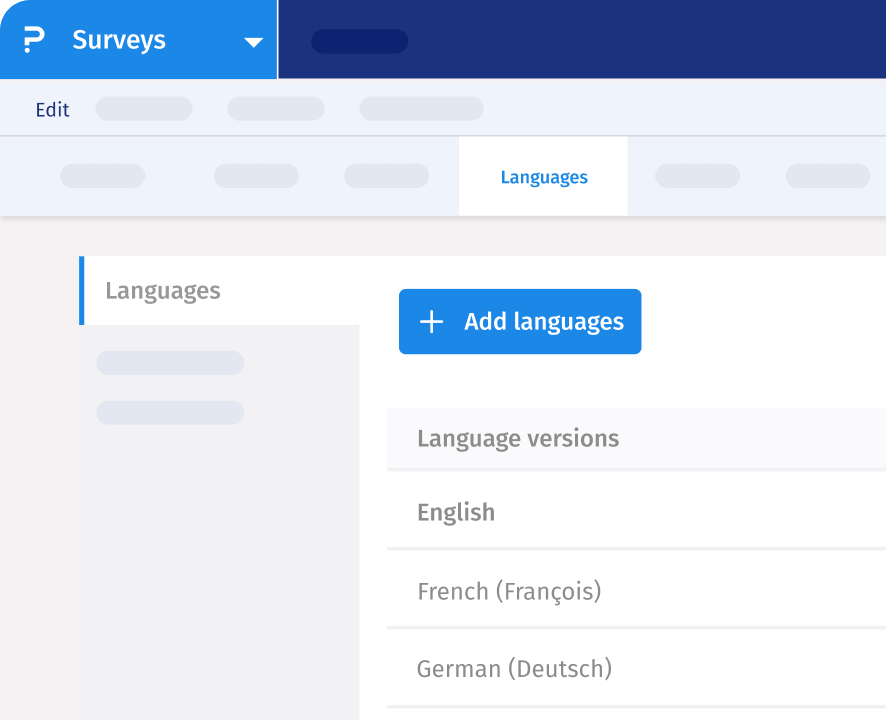 Language settings panel with a list of added survey languages